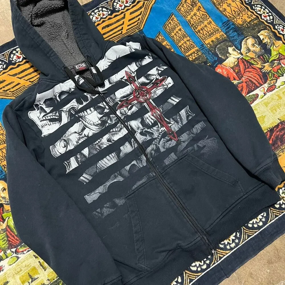 MMA elite skull hoodie Size medium Sherpa Lined Fur Hood Punk Skater Grunge y2k - Picture 3 of 7